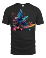 Vibrant Hummingbird T-Shirt Colorful Floral Bird Tee - black t-shirt on white background