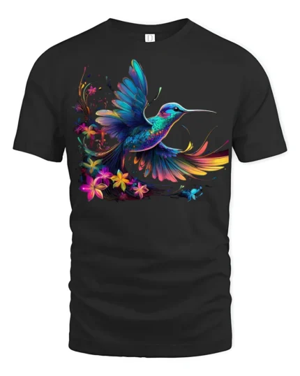 Vibrant Hummingbird T-Shirt Colorful Floral Bird Tee - black t-shirt on white background