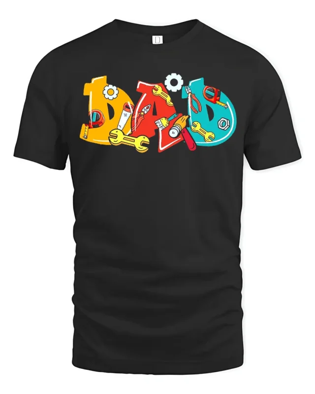 Colorful Dad T-Shirt with Tools Fun Father’s Day Gift Tee - black t-shirt on white background