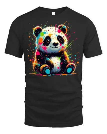 Neon Paint Splash Panda T-Shirt Vibrant Animal Art Tee - black t-shirt on white background