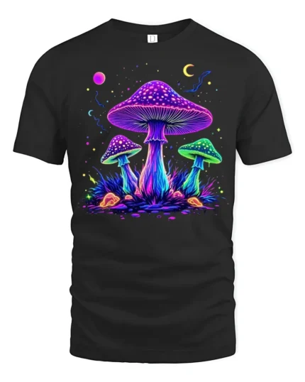 Psychedelic Glow Mushroom T-Shirt Trippy Nature Tee USA - black t-shirt on white background