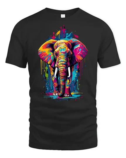 Colorful Elephant Graphic T-Shirt Artistic Safari Style - black t-shirt on white background