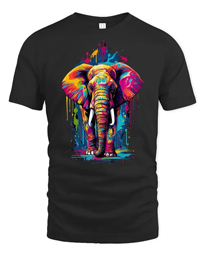 Colorful Elephant Graphic T-Shirt Artistic Safari Style - black t-shirt on white background