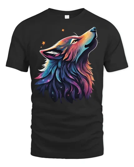 Galaxy Wolf Spirit T-Shirt Vibrant Cosmic Animal Tee - black t-shirt on white background