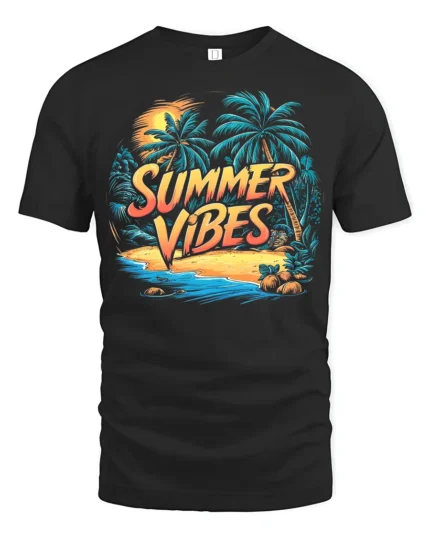 Summer Vibes T-Shirt Retro Beach Palm Sunset Graphic Tee - black t-shirt on white background