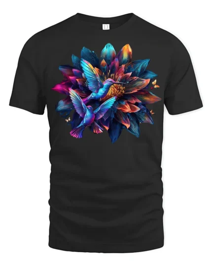 Hummingbird Flower T-Shirt Colorful Nature Art Tee - black t-shirt on white background