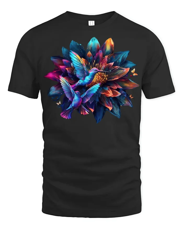 Hummingbird Flower T-Shirt Colorful Nature Art Tee - black t-shirt on white background