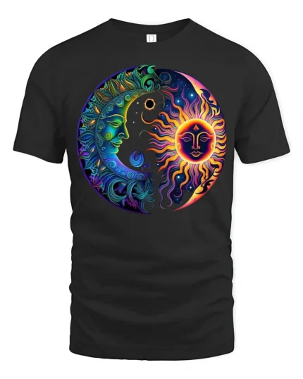 Celestial Energy T-Shirt Sun Moon Mandala Print Shirt - black t-shirt on white background