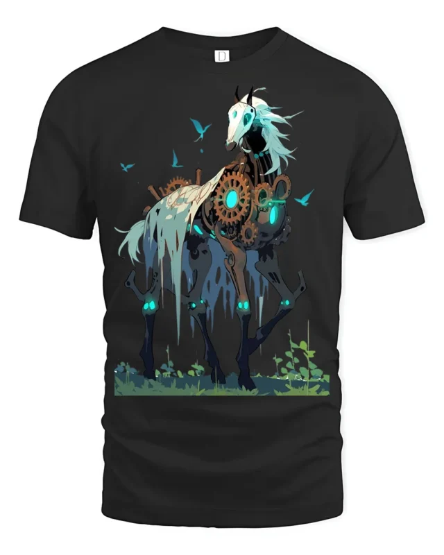 Steampunk Skeleton Horse T-Shirt Fantasy Dark Art Tee - black t-shirt on white background