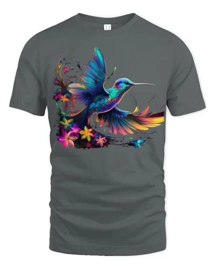 Vibrant Hummingbird T-Shirt Colorful Floral Bird Tee - gray t-shirt on white background