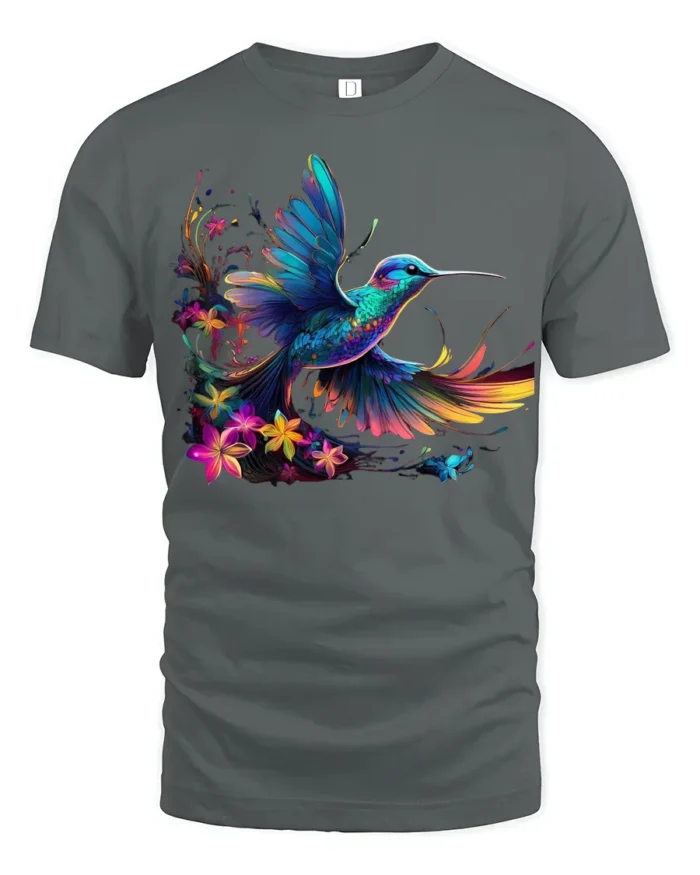 Vibrant Hummingbird T-Shirt Colorful Floral Bird Tee - gray t-shirt on white background