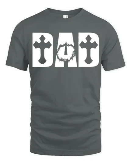 Christian Dad T-Shirt with Cross and Crown of Thorns Print - gray t-shirt on white background