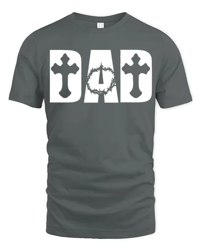 Christian Dad T-Shirt with Cross and Crown of Thorns Print - gray t-shirt on white background