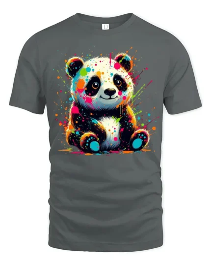 Neon Paint Splash Panda T-Shirt Vibrant Animal Art Tee - gray t-shirt on white background