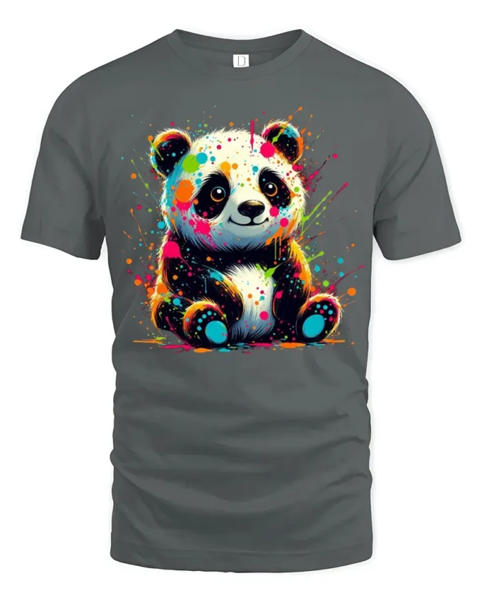 Neon Paint Splash Panda T-Shirt Vibrant Animal Art Tee - gray t-shirt on white background