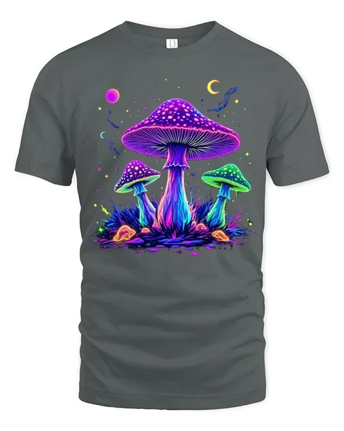 Psychedelic Glow Mushroom T-Shirt Trippy Nature Tee USA - gray t-shirt on white background