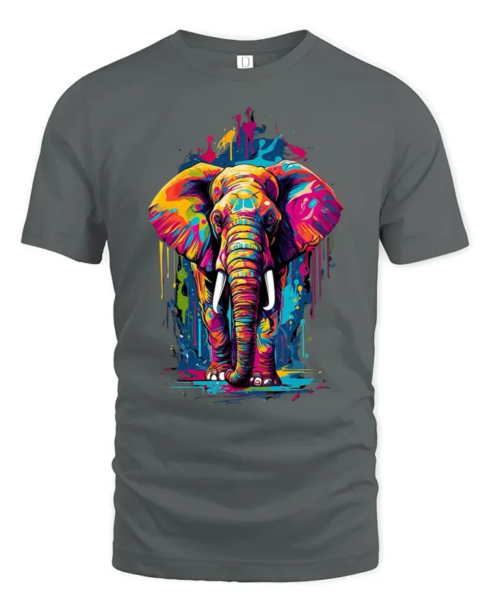 Colorful Elephant Graphic T-Shirt Artistic Safari Style - gray t-shirt on white background