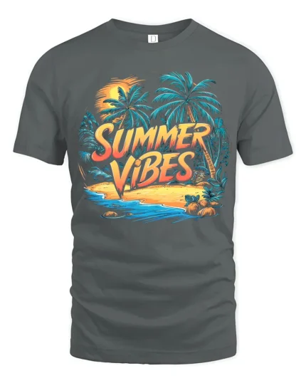 Summer Vibes T-Shirt Retro Beach Palm Sunset Graphic Tee - gray t-shirt on white background