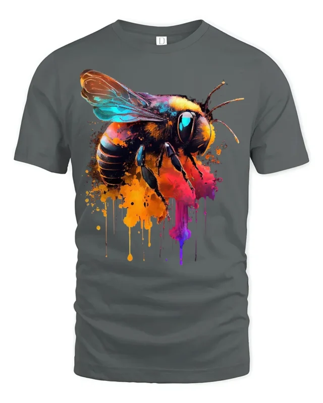 Abstract Bee Graphic T-Shirt Bold Colorful Design - gray t-shirt on white background