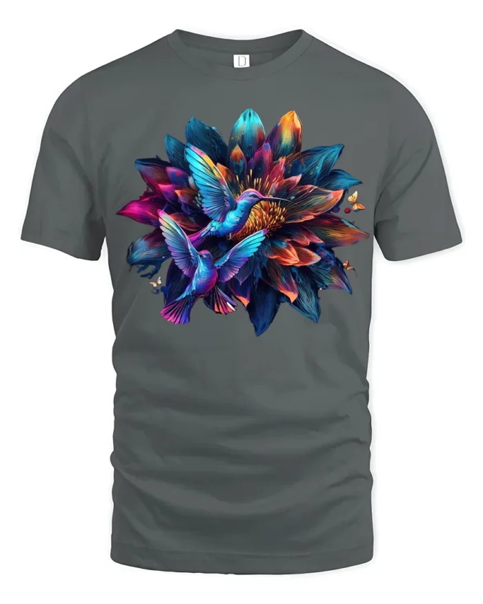 Hummingbird Flower T-Shirt Colorful Nature Art Tee - gray t-shirt on white background