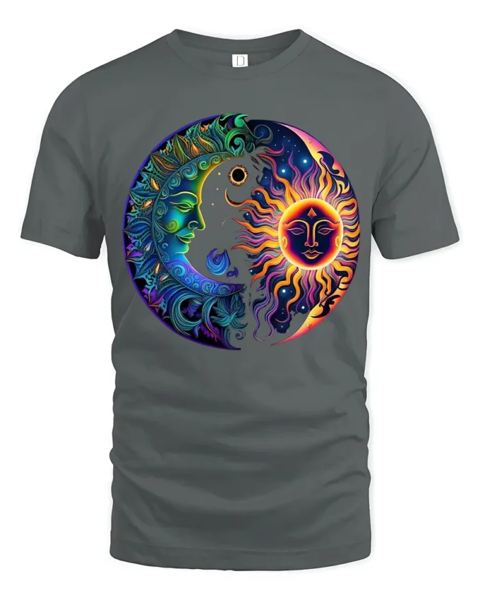 Celestial Energy T-Shirt Sun Moon Mandala Print Shirt - gray t-shirt on white background