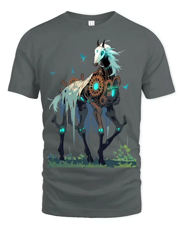 Steampunk Skeleton Horse T-Shirt Fantasy Dark Art Tee - gray t-shirt on white background