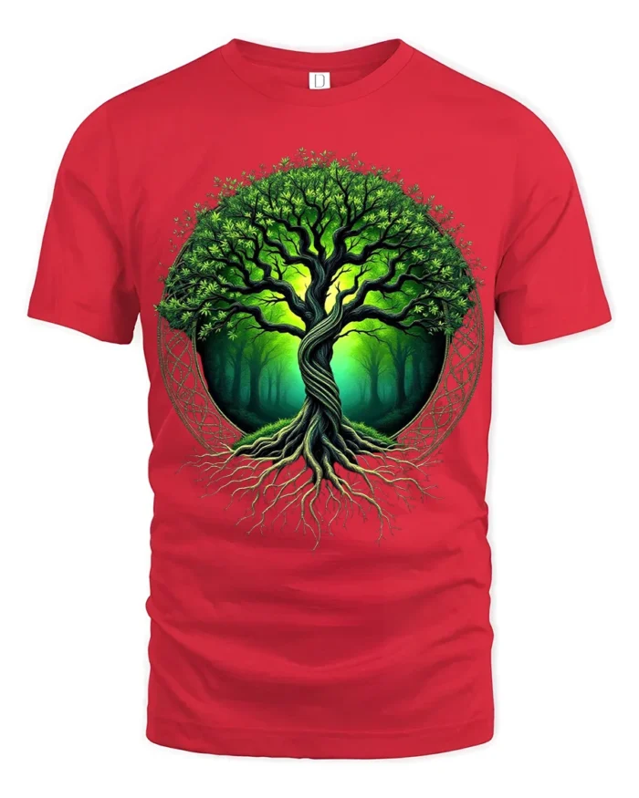 Tree of Life Nature Forest Graphic T-Shirt Eco Style - red t-shirt on white background