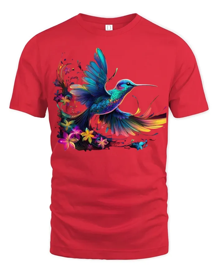 Vibrant Hummingbird T-Shirt Colorful Floral Bird Tee - red t-shirt on white background