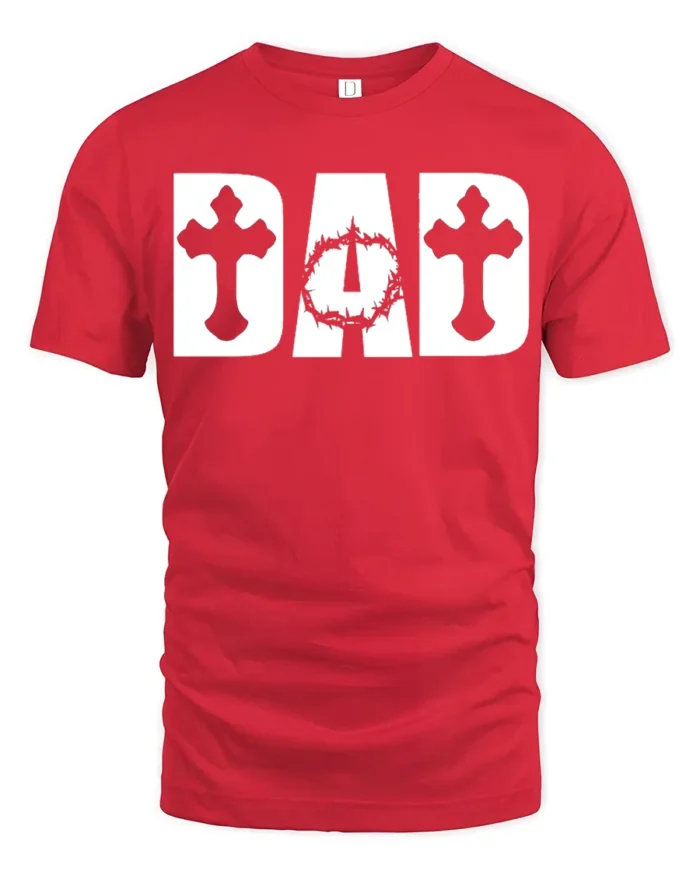 Christian Dad T-Shirt with Cross and Crown of Thorns Print - red t-shirt on white background