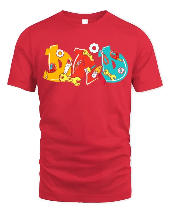 Colorful Dad T-Shirt with Tools Fun Father’s Day Gift Tee - red t-shirt on white background