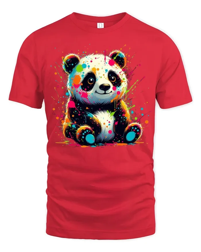 Neon Paint Splash Panda T-Shirt Vibrant Animal Art Tee - red t-shirt on white background
