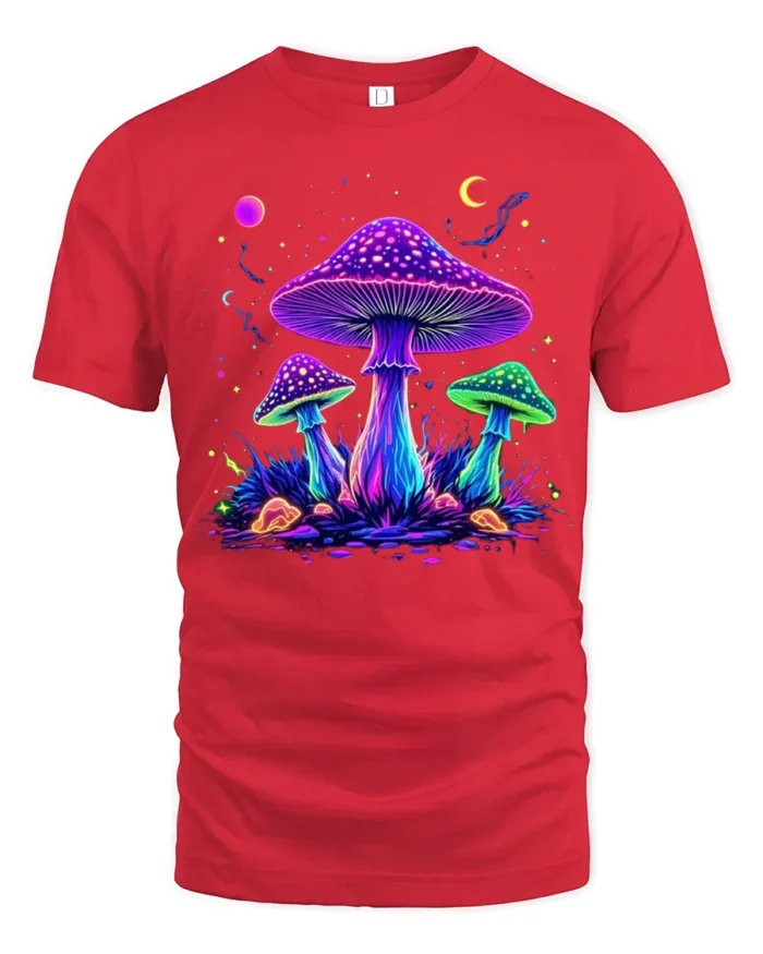 Psychedelic Glow Mushroom T-Shirt Trippy Nature Tee USA - red t-shirt on white background