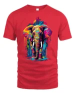 Colorful Elephant Graphic T-Shirt Artistic Safari Style - red t-shirt on white background