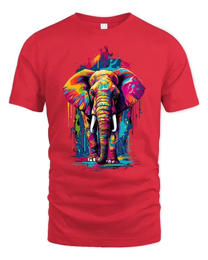 Colorful Elephant Graphic T-Shirt Artistic Safari Style - red t-shirt on white background
