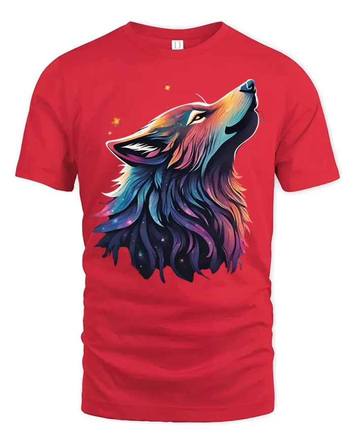 Galaxy Wolf Spirit T-Shirt Vibrant Cosmic Animal Tee - red t-shirt on white background