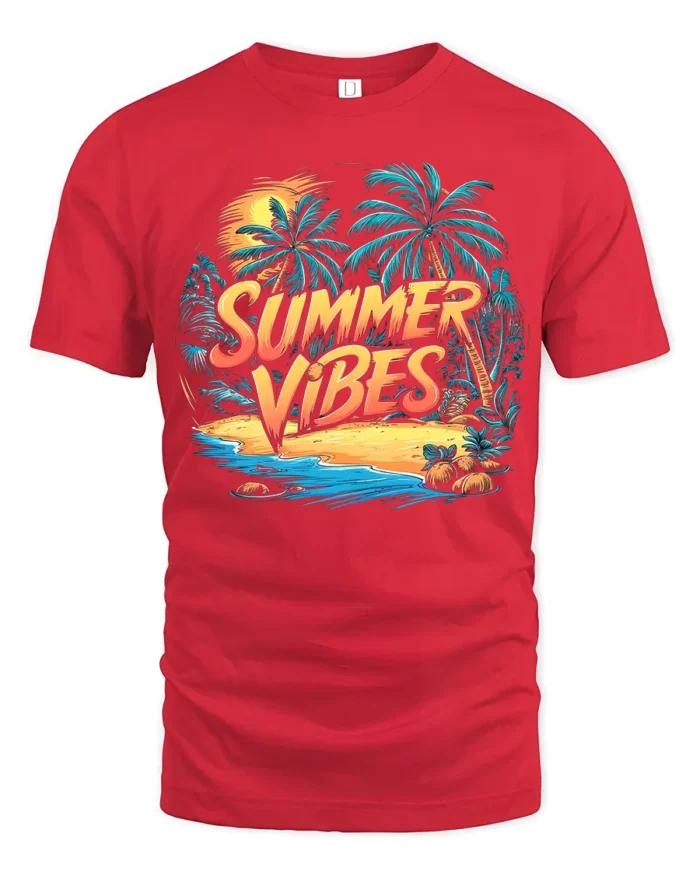 Summer Vibes T-Shirt Retro Beach Palm Sunset Graphic Tee - red t-shirt on white background