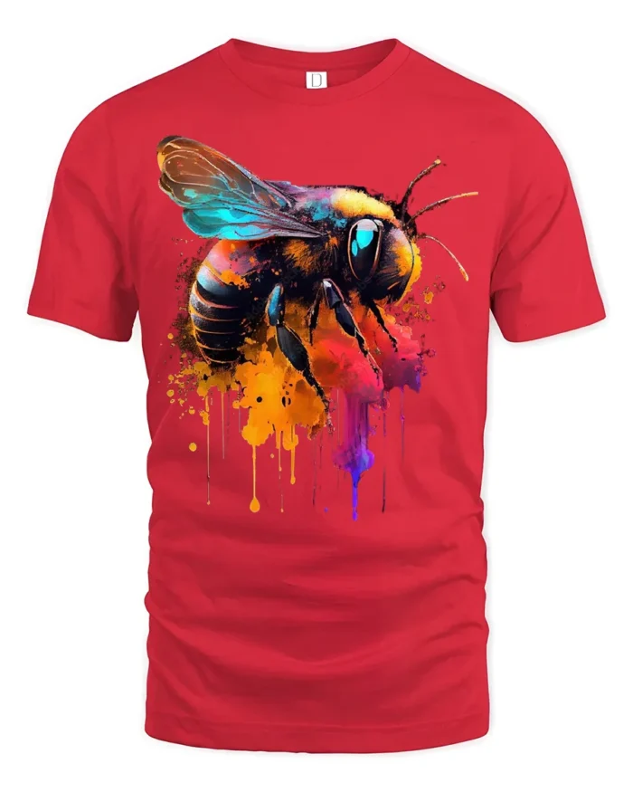 Abstract Bee Graphic T-Shirt Bold Colorful Design - red t-shirt on white background