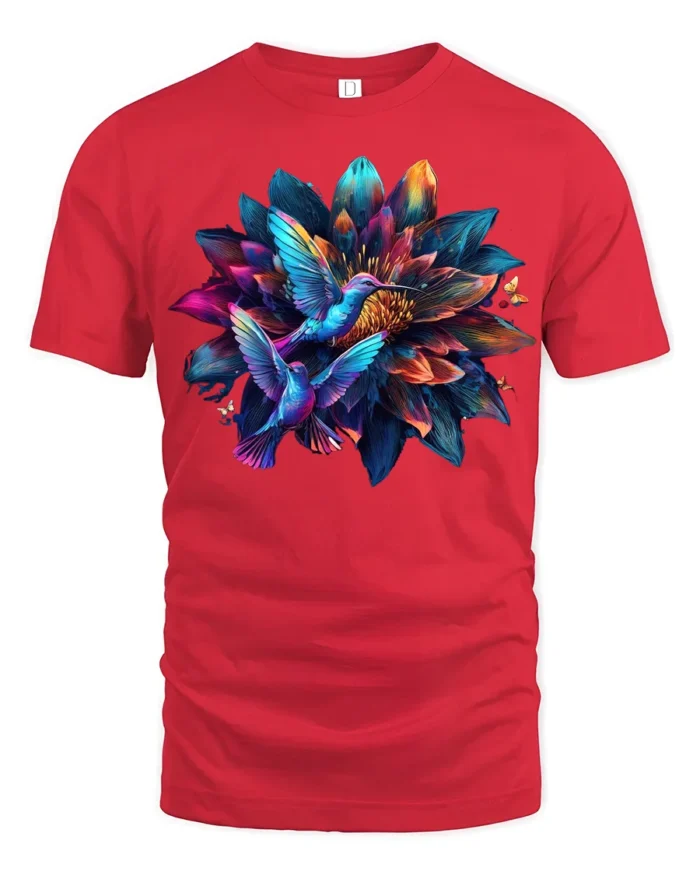 Hummingbird Flower T-Shirt Colorful Nature Art Tee - red t-shirt on white background