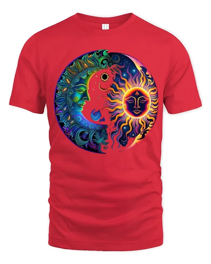 Celestial Energy T-Shirt Sun Moon Mandala Print Shirt - red t-shirt on white background