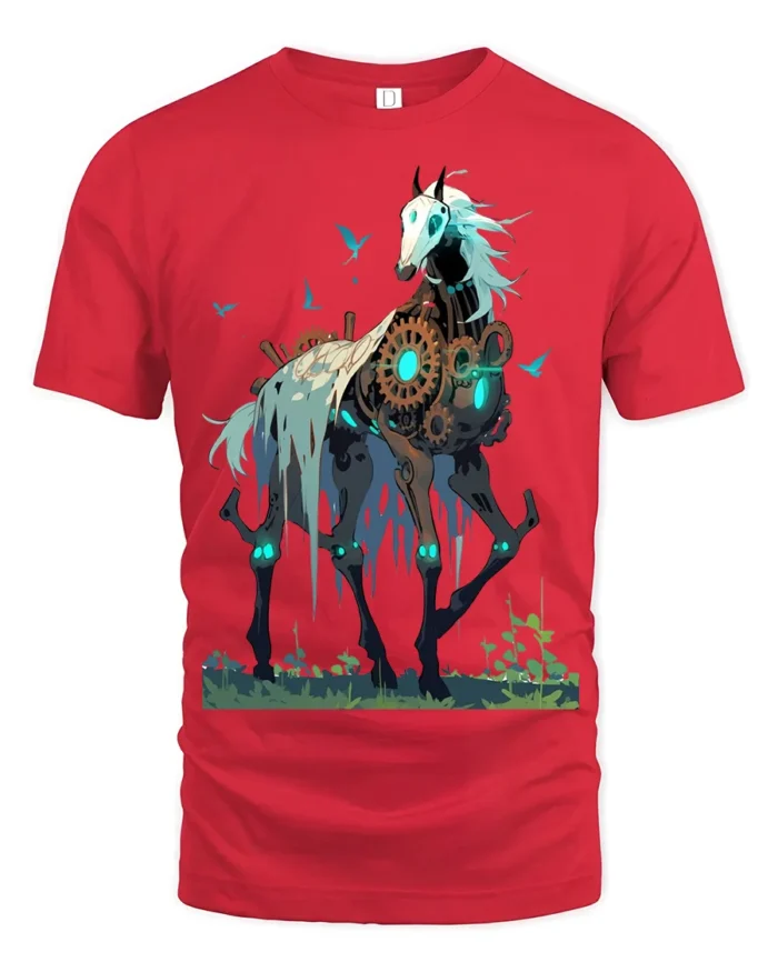 Steampunk Skeleton Horse T-Shirt Fantasy Dark Art Tee - red t-shirt on white background