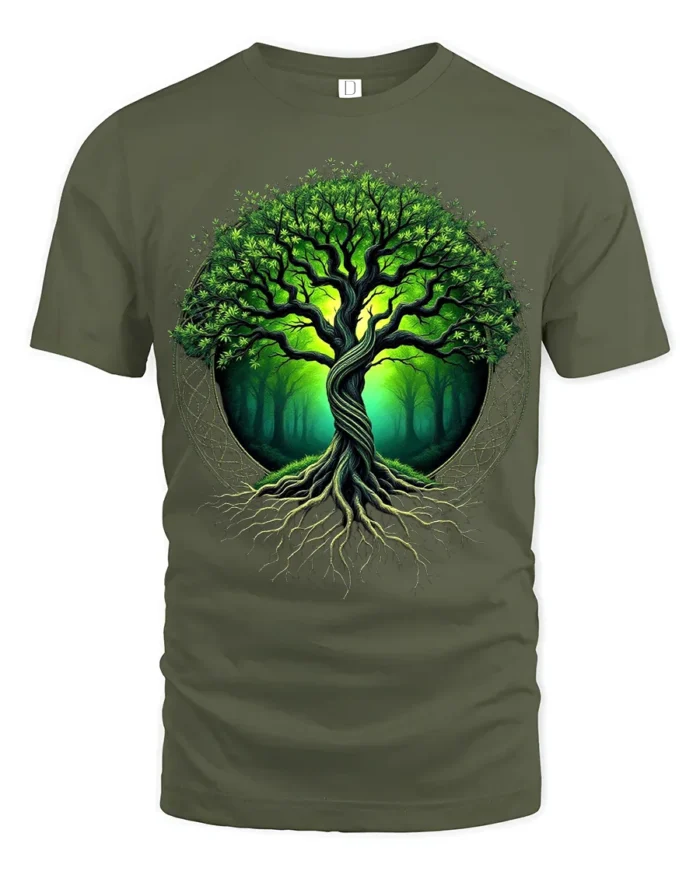 Tree of Life Nature Forest Graphic T-Shirt Eco Style - military green t-shirt on white background