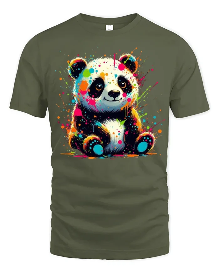 Neon Paint Splash Panda T-Shirt Vibrant Animal Art Tee - military green t-shirt on white background