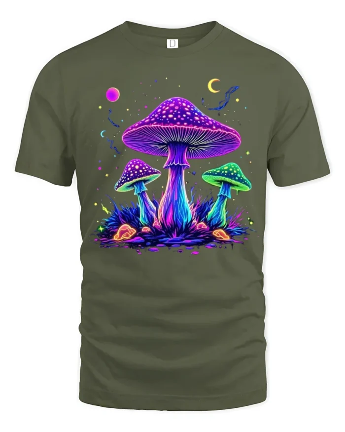 Psychedelic Glow Mushroom T-Shirt Trippy Nature Tee USA - military green t-shirt on white background