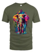 Colorful Elephant Graphic T-Shirt Artistic Safari Style - military green t-shirt on white background