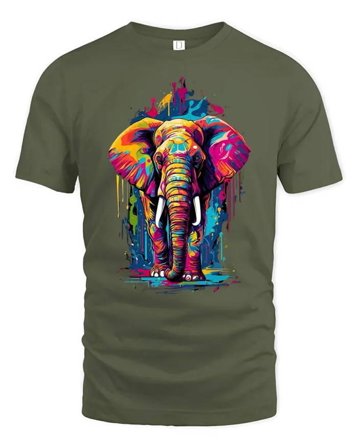 Colorful Elephant Graphic T-Shirt Artistic Safari Style - military green t-shirt on white background
