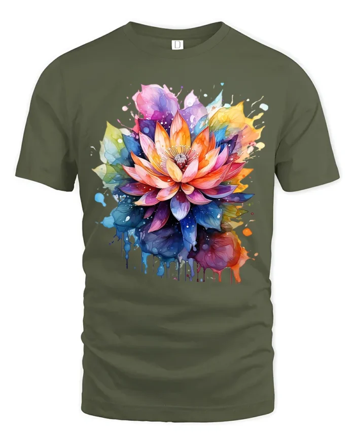Psychedelic Lotus Flower T-Shirt Bold Botanical Design - military green t-shirt on white background