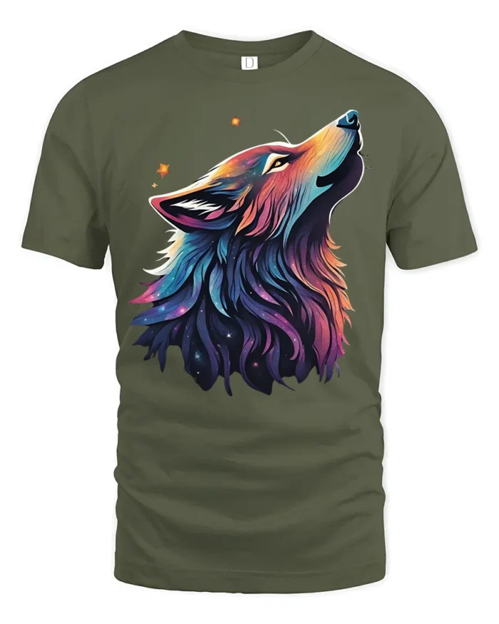 Galaxy Wolf Spirit T-Shirt Vibrant Cosmic Animal Tee - military green t-shirt on white background