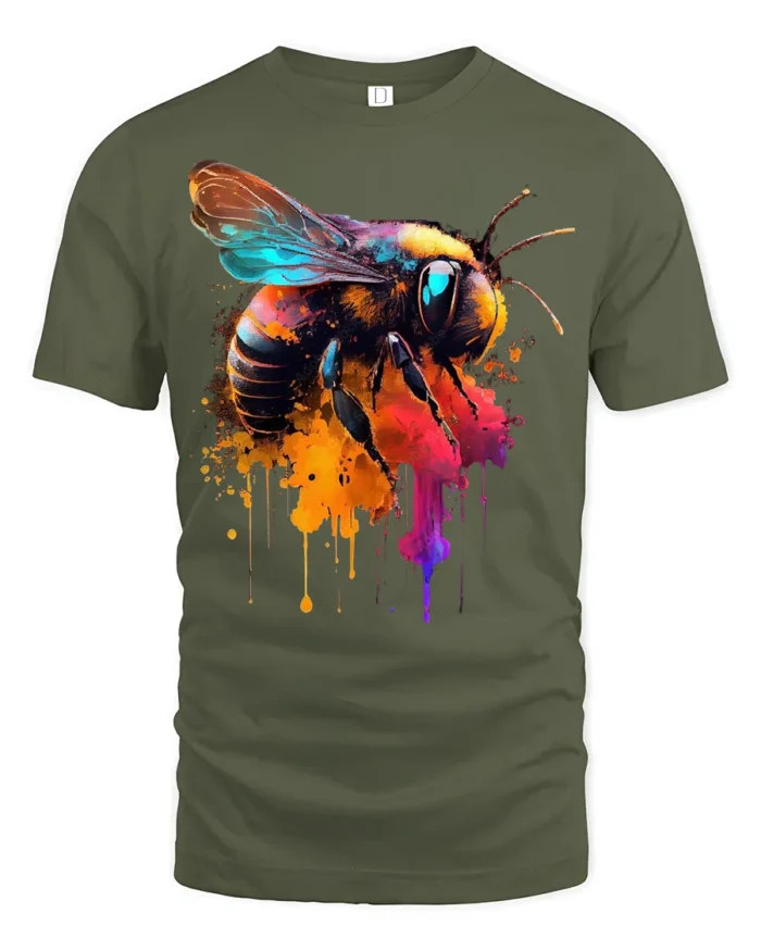 Abstract Bee Graphic T-Shirt Bold Colorful Design - military green t-shirt on white background