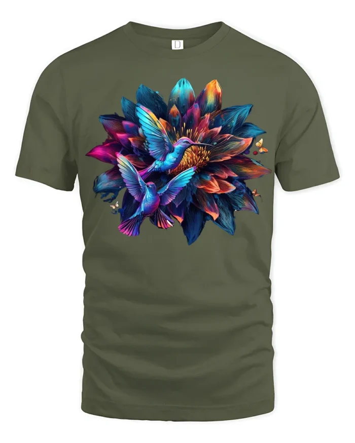 Hummingbird Flower T-Shirt Colorful Nature Art Tee - military green t-shirt on white background