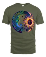 Celestial Energy T-Shirt Sun Moon Mandala Print Shirt - military green t-shirt on white background